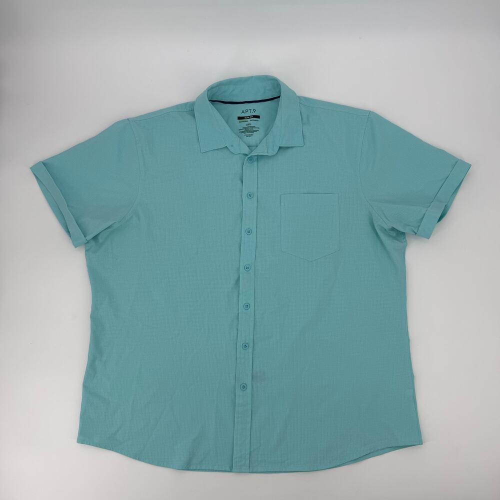 APT 9 Slim Fit Button Up Shirt Mens XXL Aqua Performance Untucked Short Sleeve